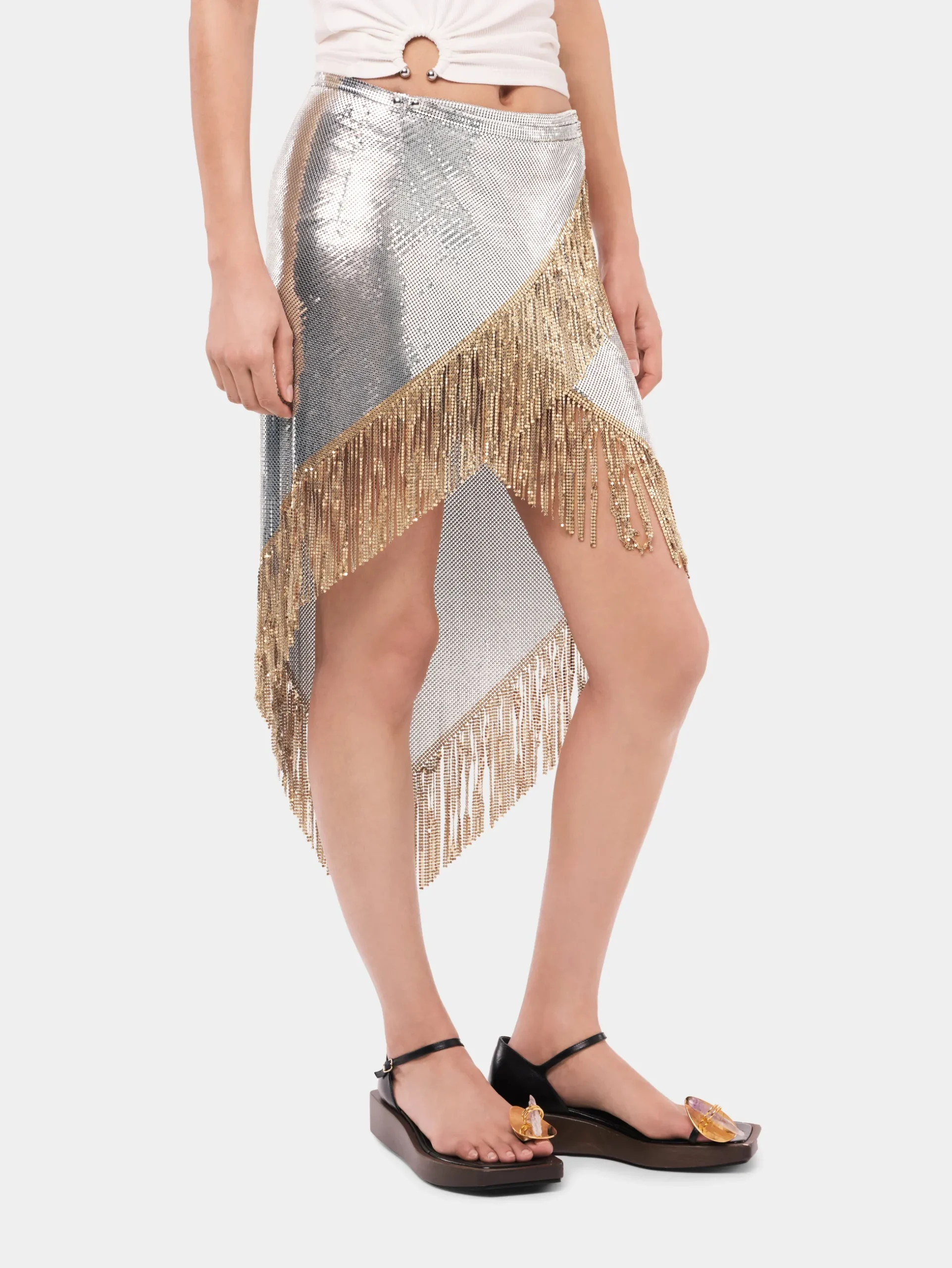Asymetrical chainmail skirt with golden metalic fringes | Rabanne Online