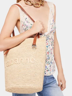 Beige Raffia Tote Bag with logo | Rabanne Store