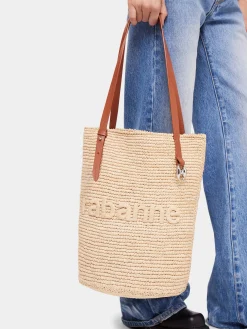 Beige Raffia Tote Bag with logo | Rabanne Store