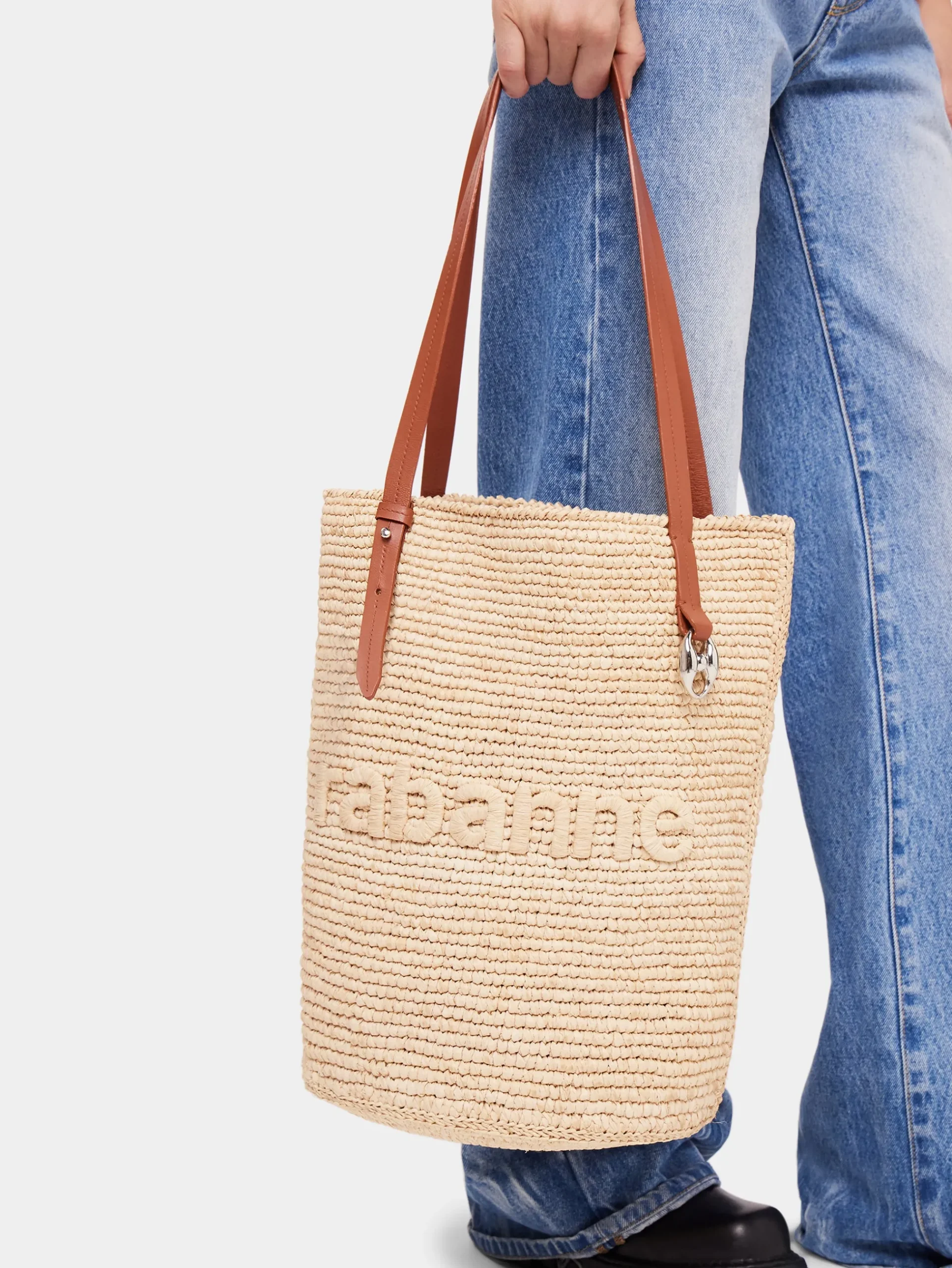 Beige Raffia Tote Bag with logo | Rabanne Store