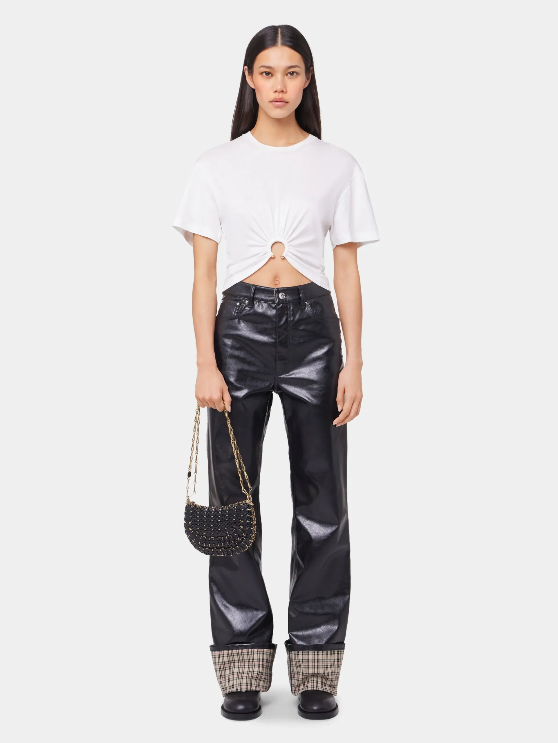 BLACK FLARED TROUSERS IN IMITATION LEATHER | Rabanne Flash Sale