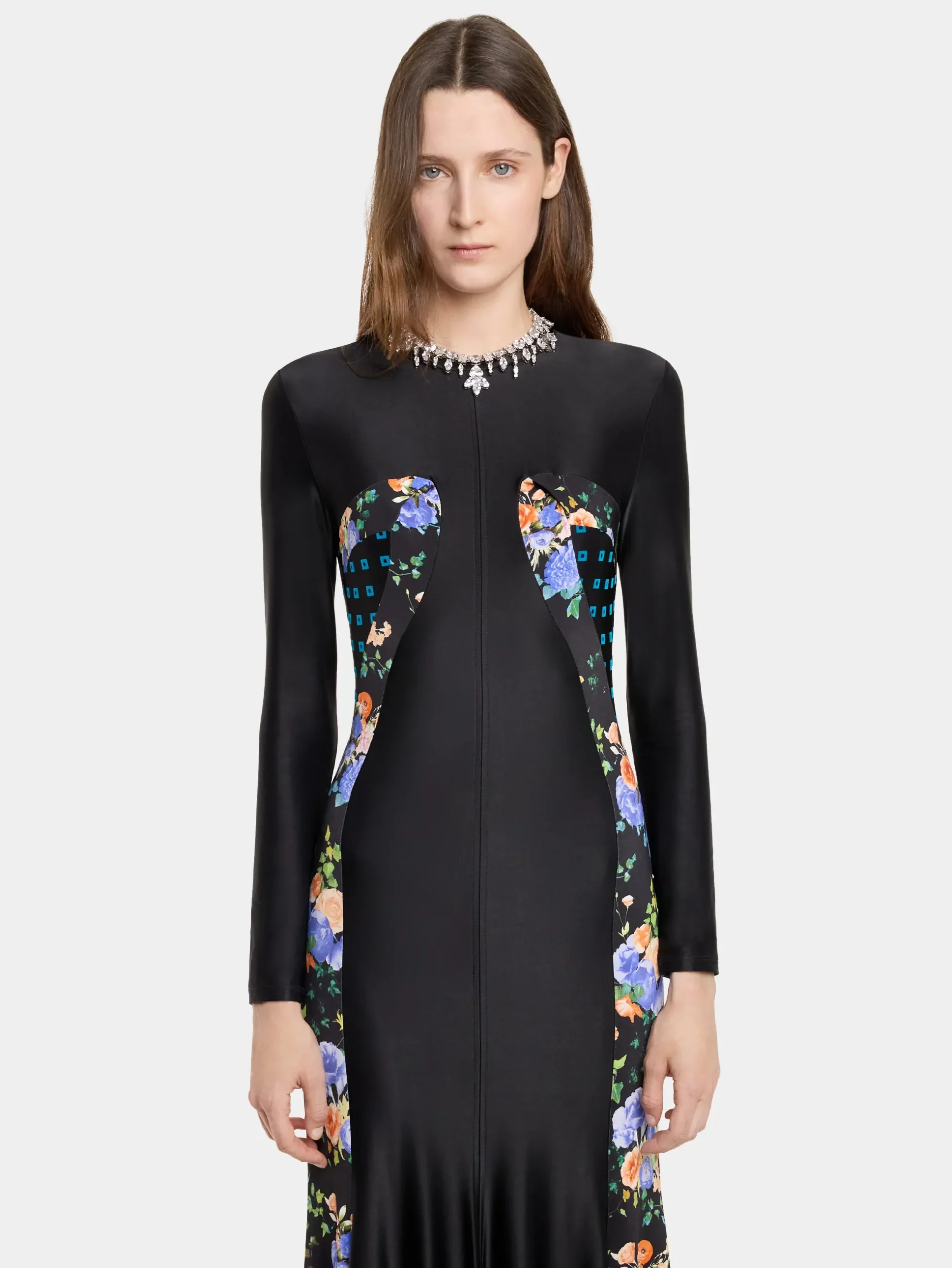 BLACK FLORAL LONG DRESS IN JERSEY | Rabanne Store