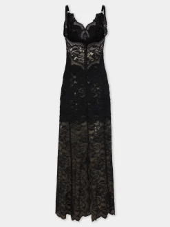 BLACK LONG DRESS IN LACE | Rabanne Discount