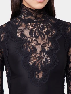 BLACK LONG SLEEVE TOP IN LACE AND JERSEY | Rabanne Fashion