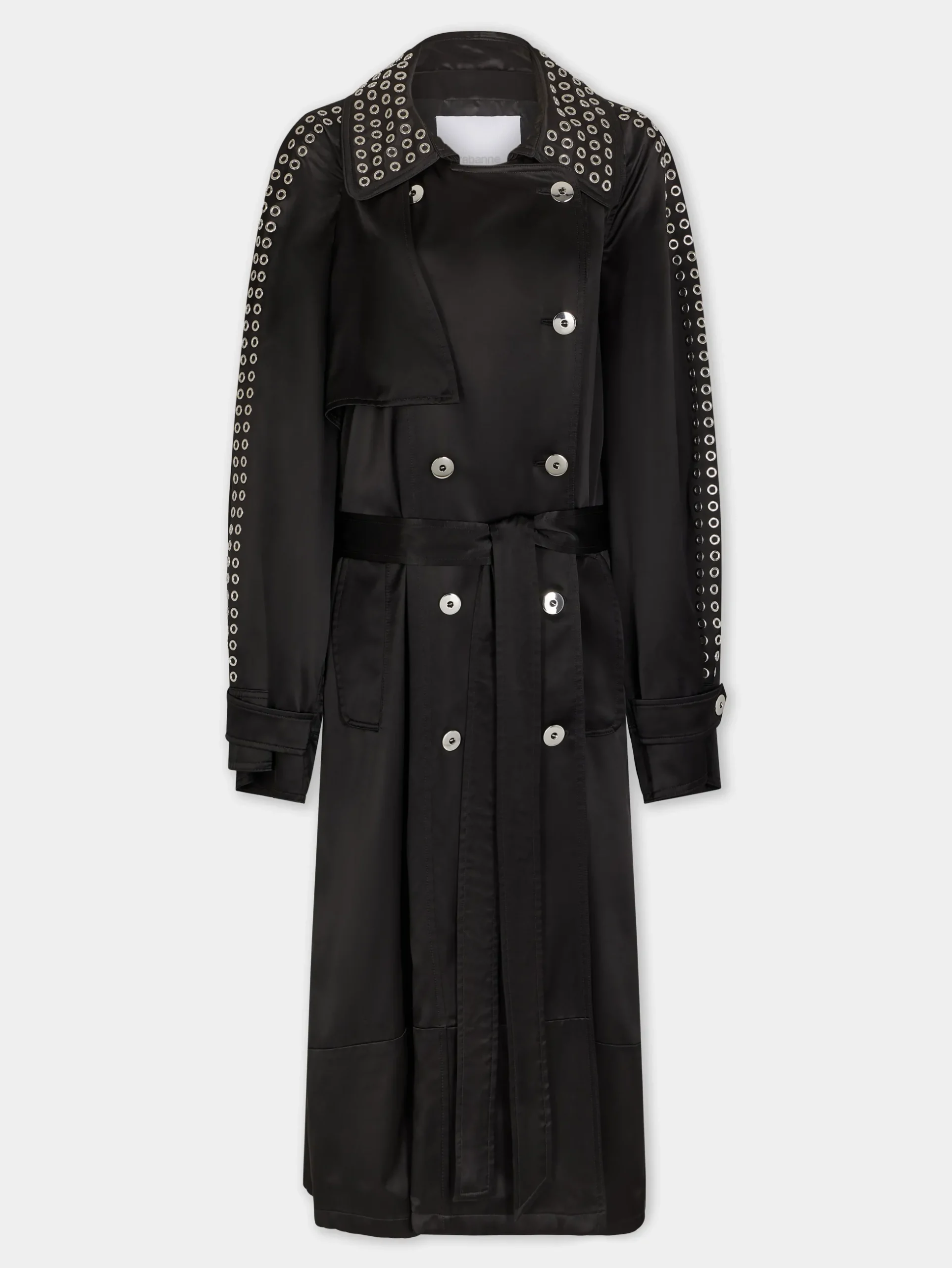 BLACK LONG TRENCH COAT IN SATIN | Rabanne Hot
