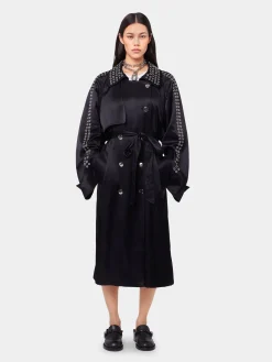 BLACK LONG TRENCH COAT IN SATIN | Rabanne Hot