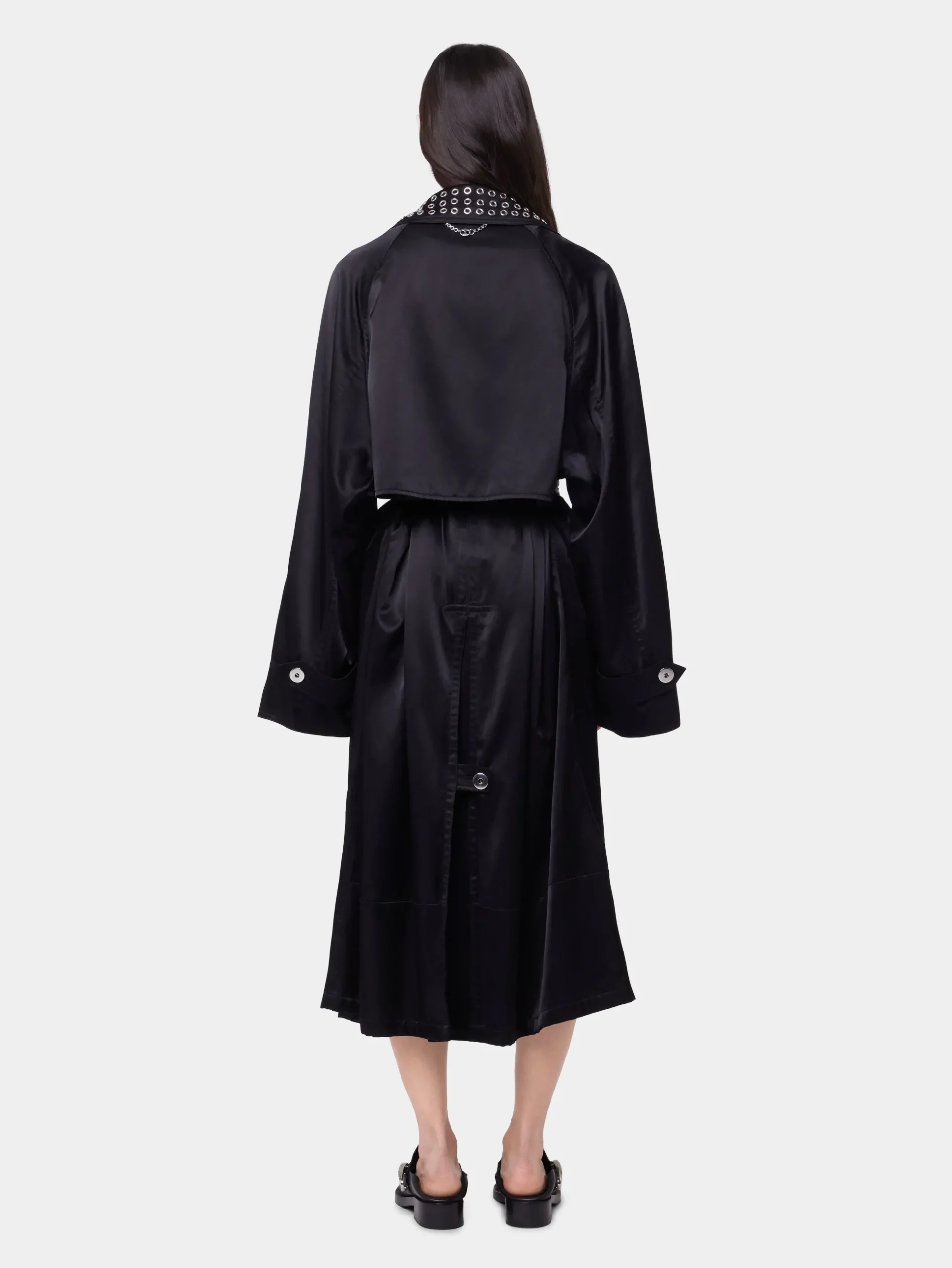 BLACK LONG TRENCH COAT IN SATIN | Rabanne Hot
