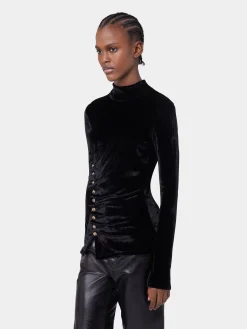 BLACK LONG-SLEEVED DRAPE TOP IN VELVET | Rabanne Cheap