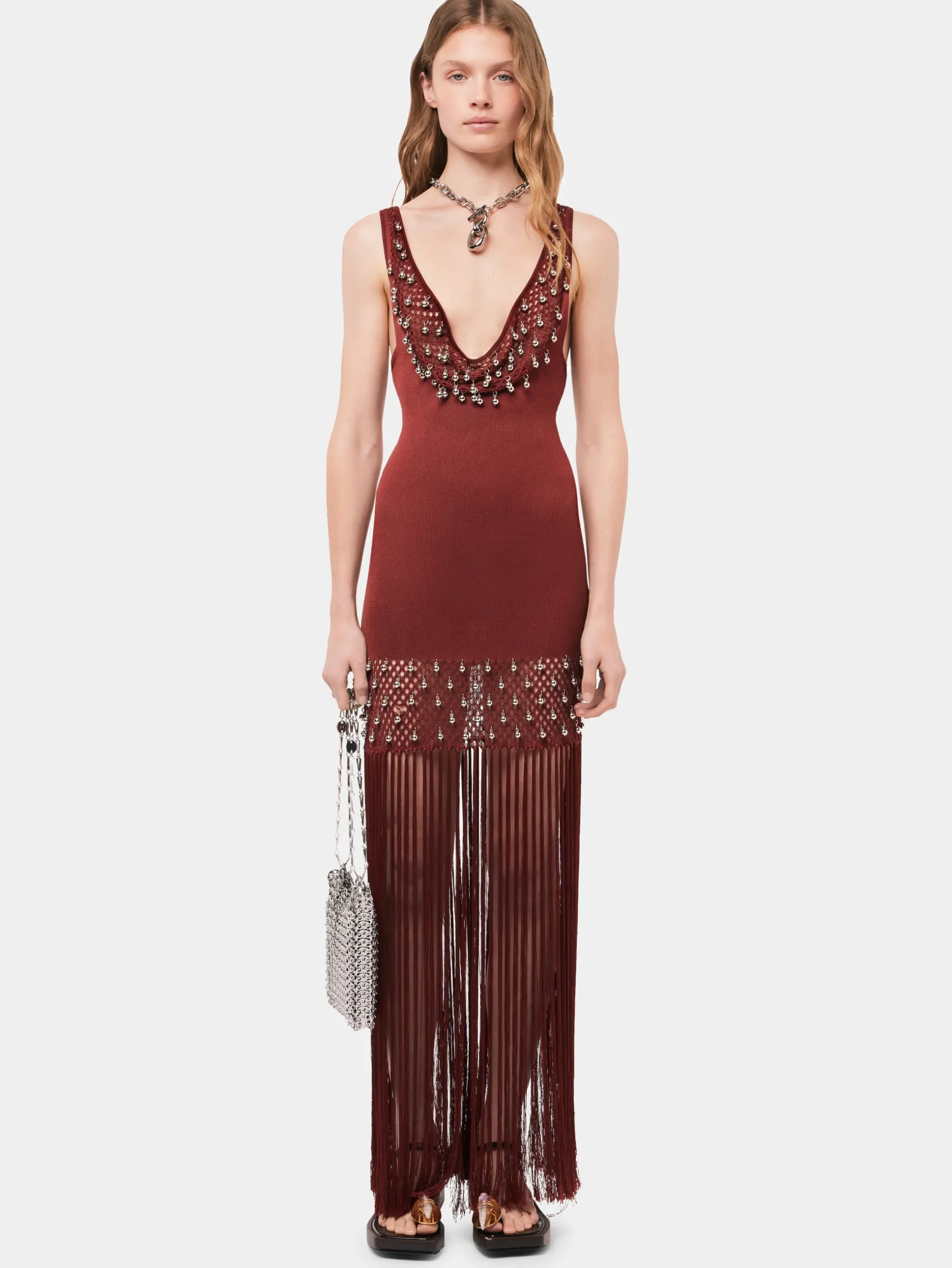 Crochet embellished dress with fringes and pearls | Rabanne Discount