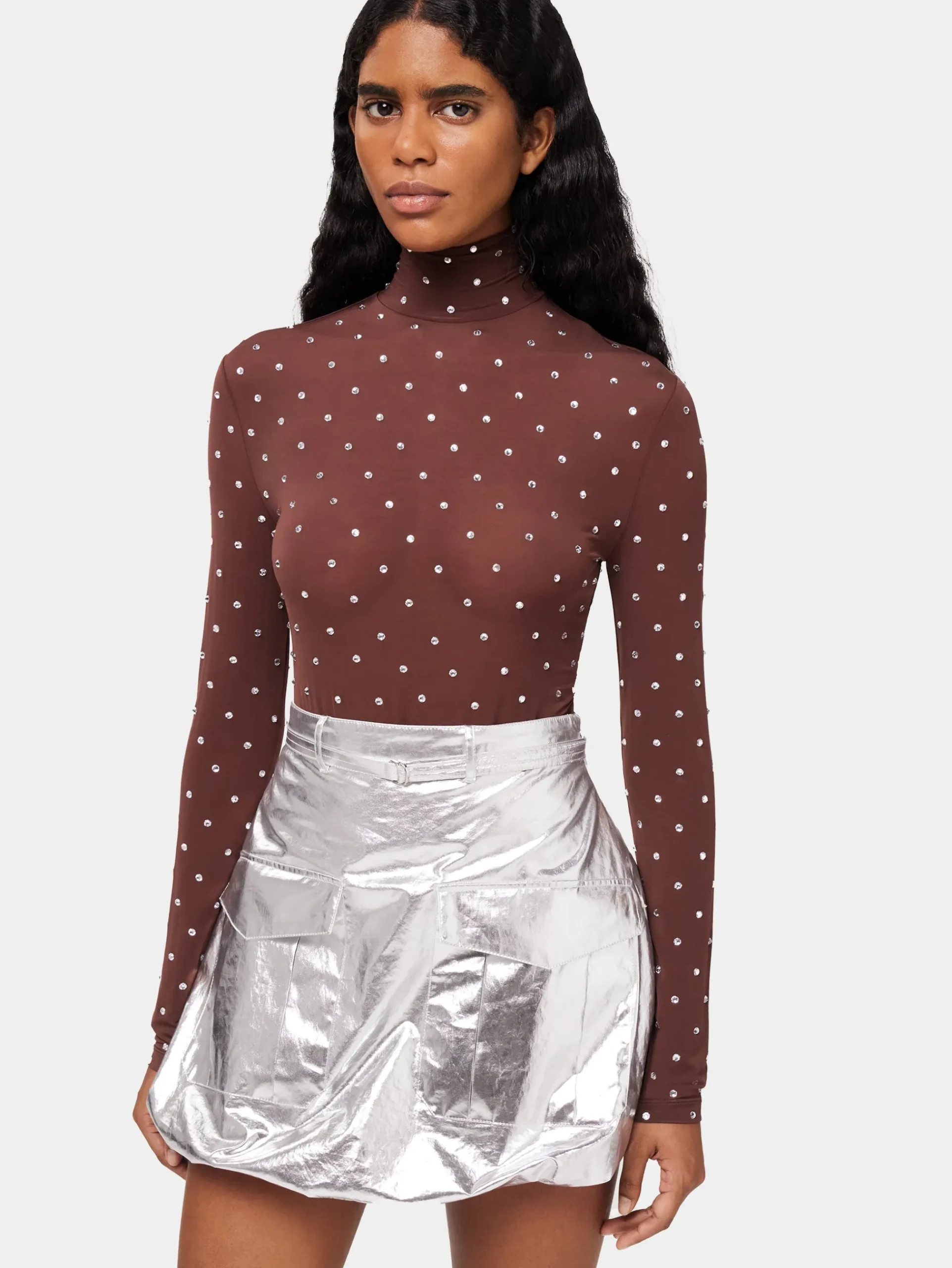 Crystals-embellished chocolate turtleneck top | Rabanne Hot