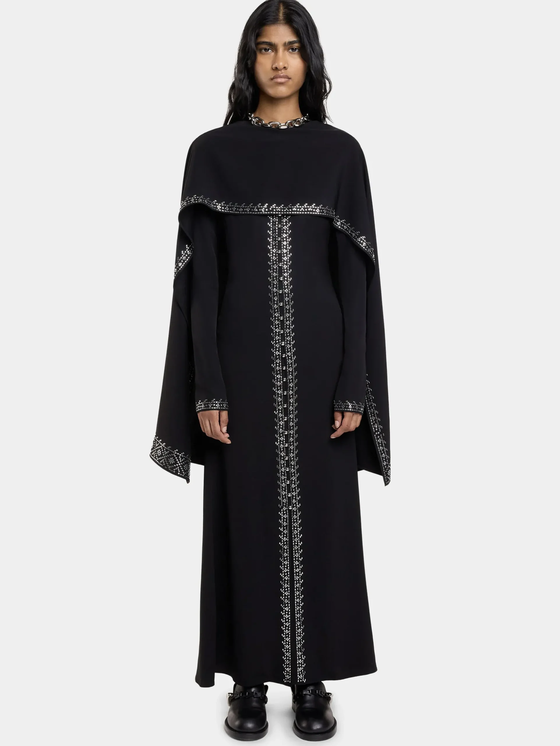 EMBELLISHED LONG DRESS IN SATIN CREPE | Rabanne Shop