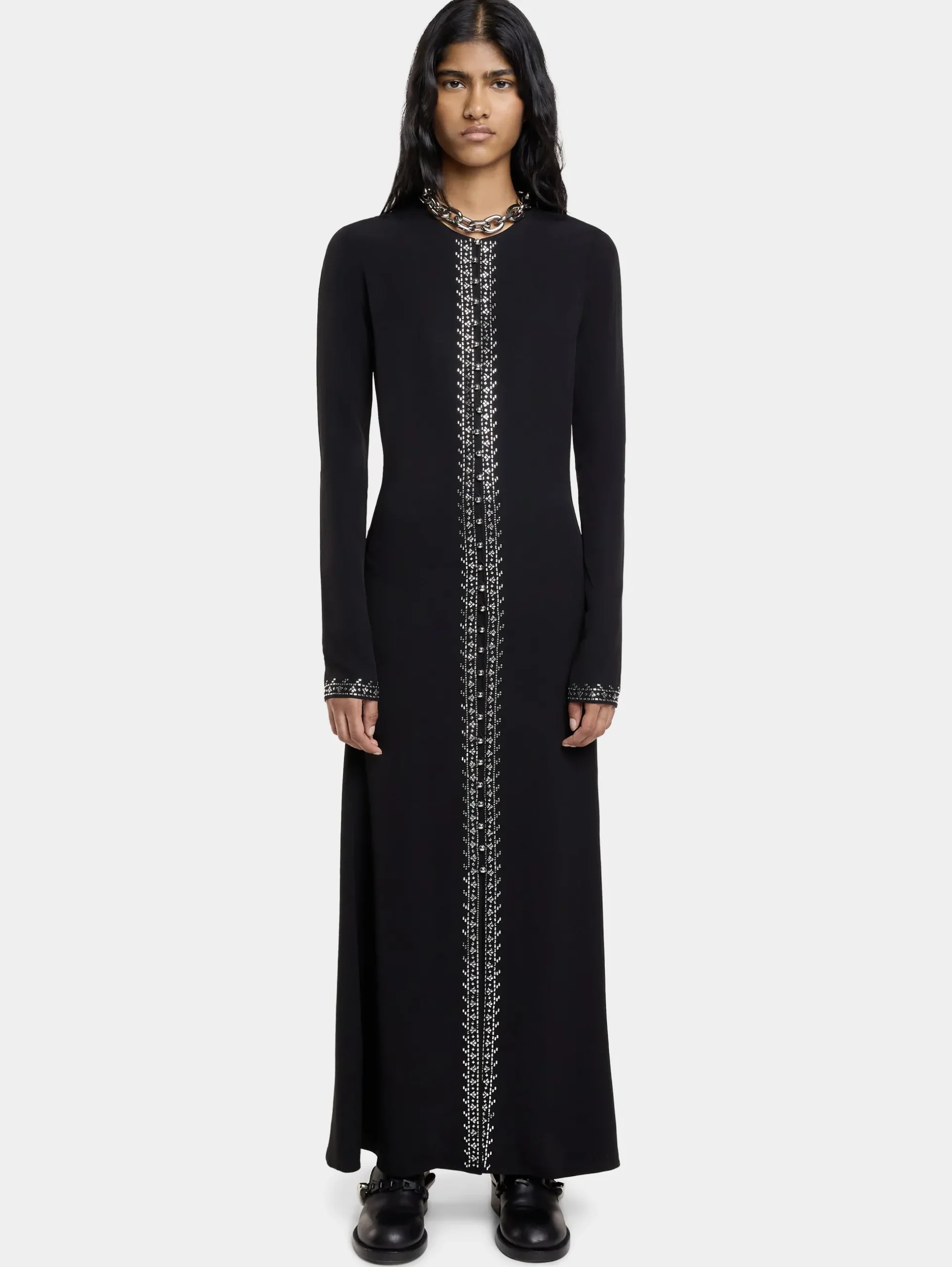 EMBELLISHED LONG DRESS IN SATIN CREPE | Rabanne Shop