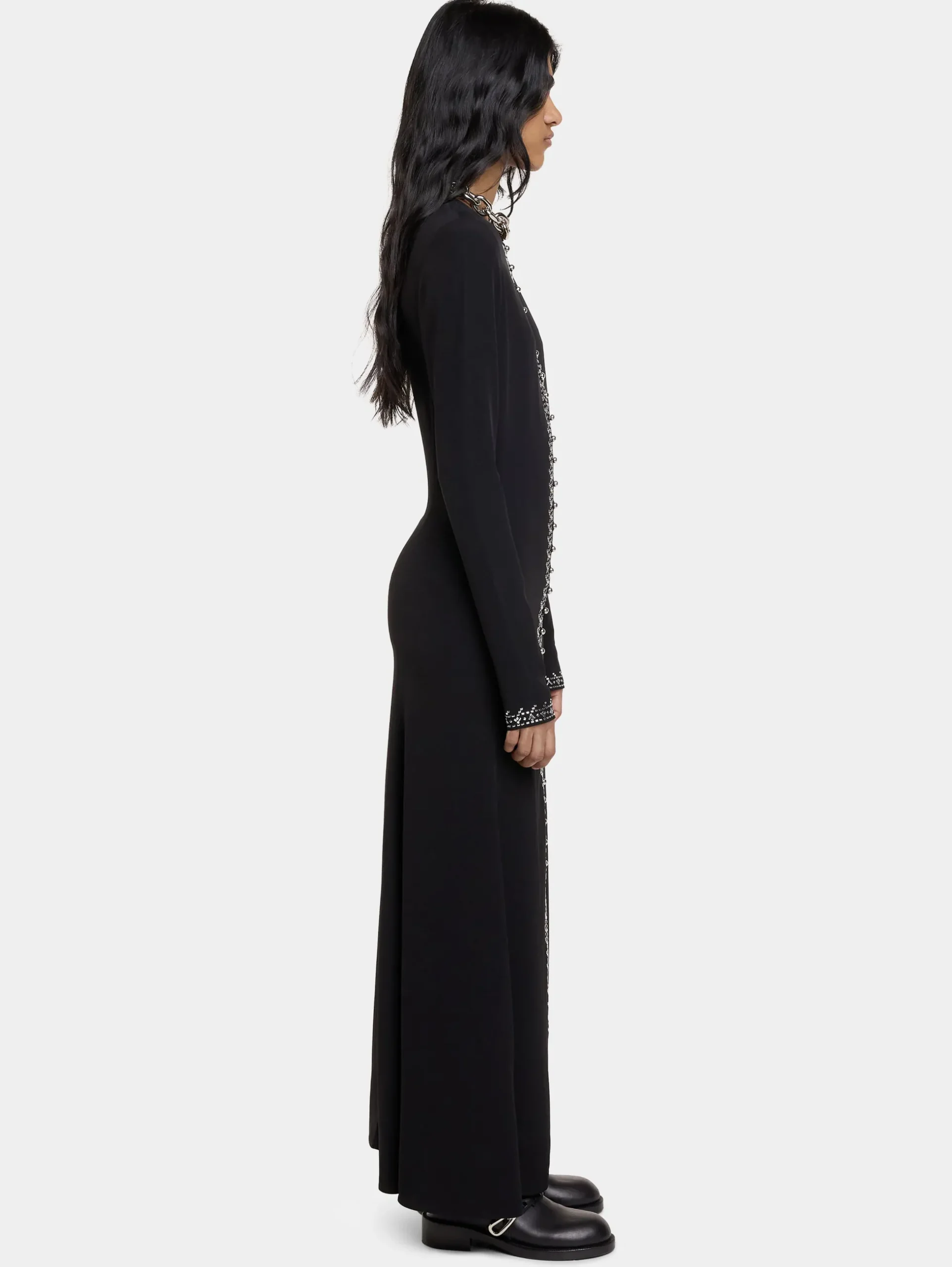 EMBELLISHED LONG DRESS IN SATIN CREPE | Rabanne Shop