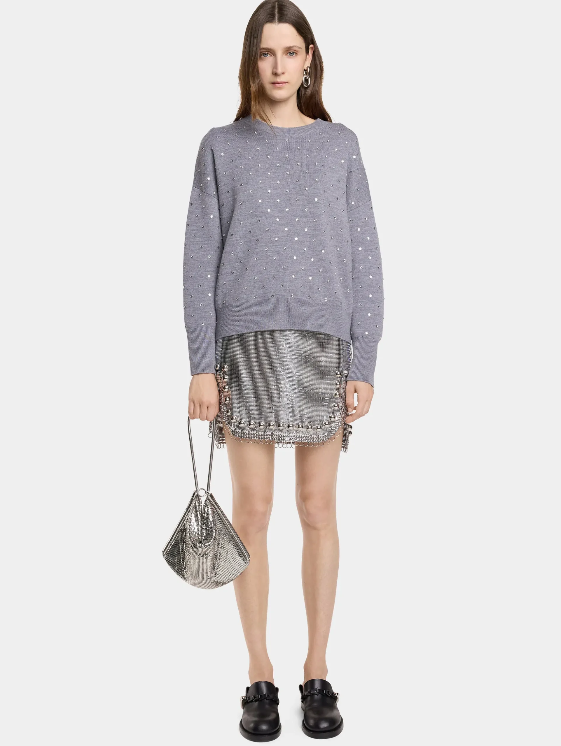 GREY CRYSTAL-EMBELLISHED SWEATER IN WOOL | Rabanne Discount
