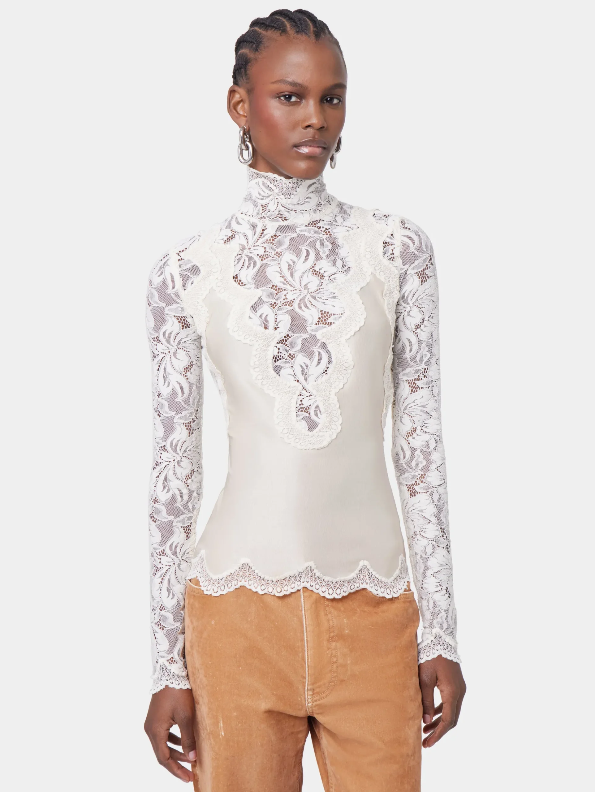IVORY LONG SLEEVE TOP IN LACE AND JERSEY | Rabanne Outlet