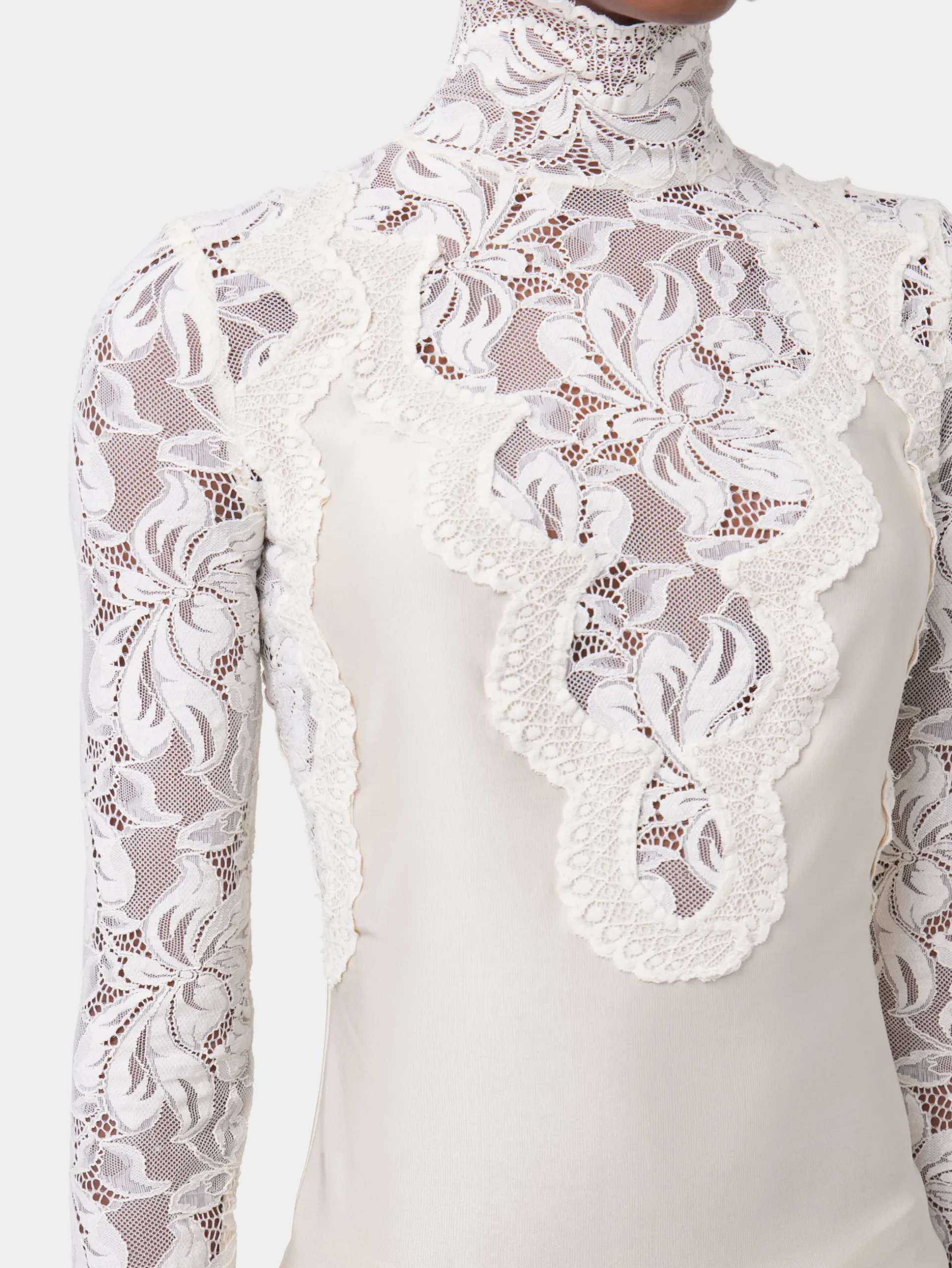IVORY LONG SLEEVE TOP IN LACE AND JERSEY | Rabanne Outlet