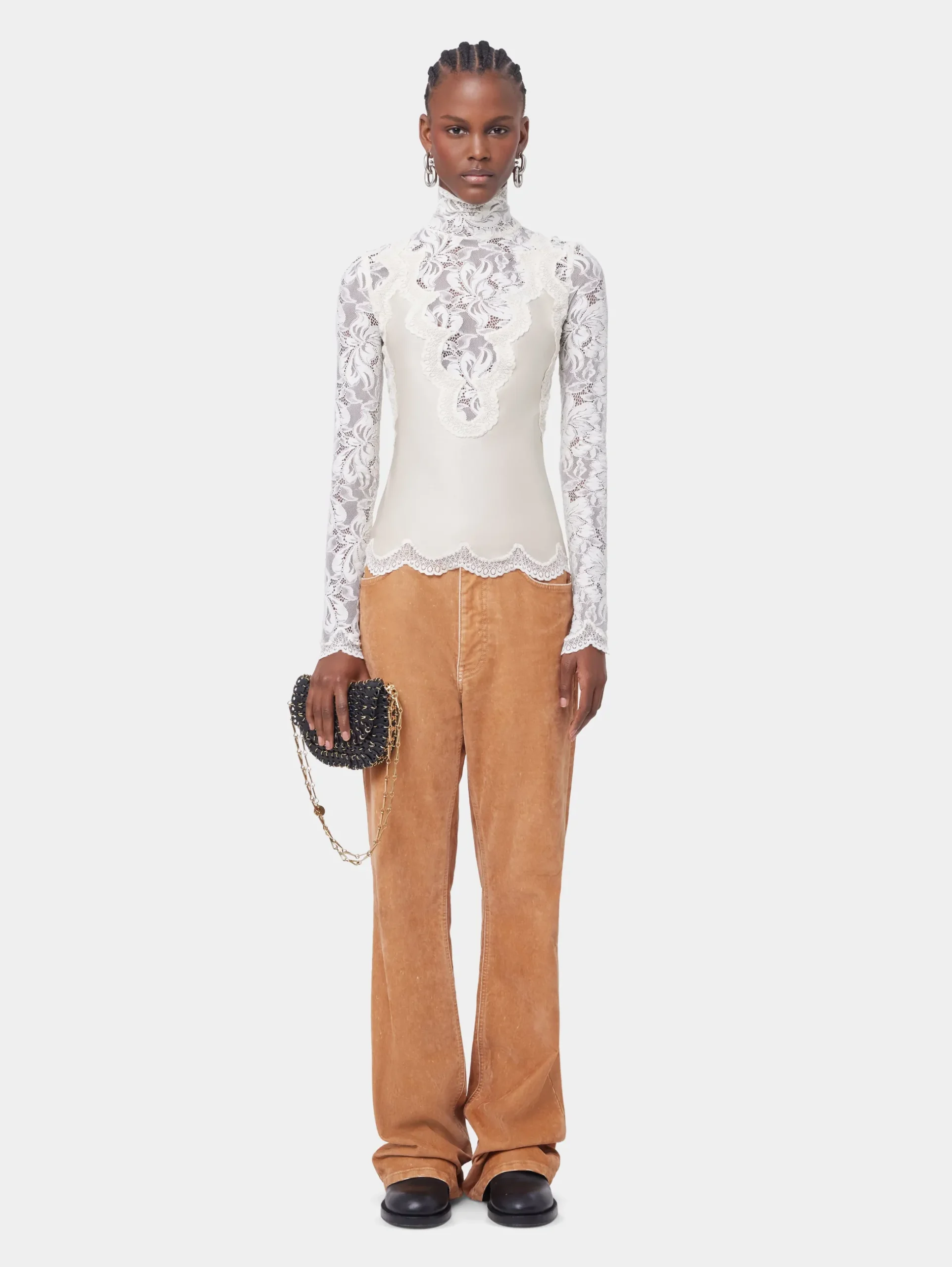 IVORY LONG SLEEVE TOP IN LACE AND JERSEY | Rabanne Outlet