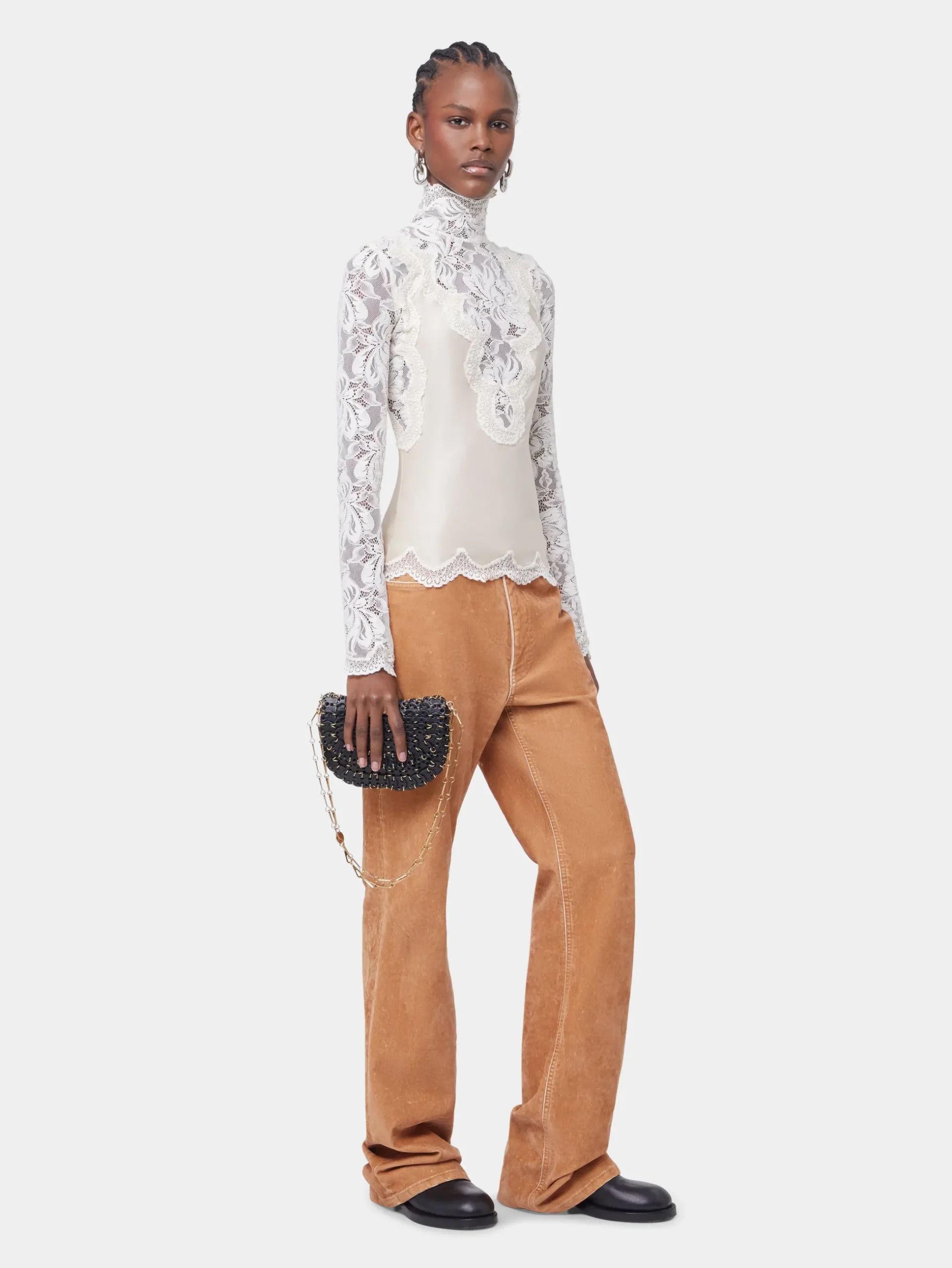 IVORY LONG SLEEVE TOP IN LACE AND JERSEY | Rabanne Outlet
