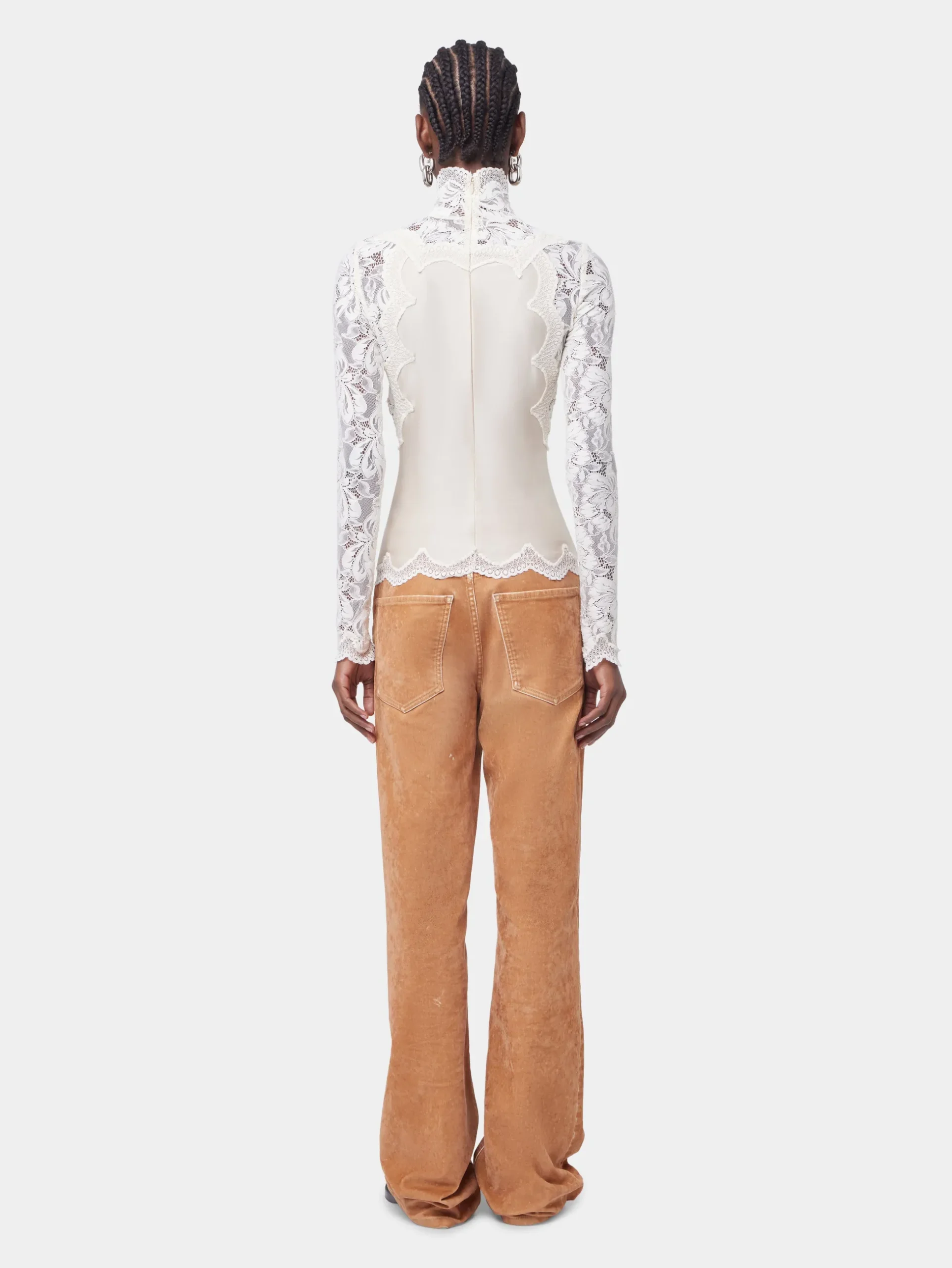 IVORY LONG SLEEVE TOP IN LACE AND JERSEY | Rabanne Outlet