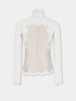 IVORY LONG SLEEVE TOP IN LACE AND JERSEY | Rabanne Outlet