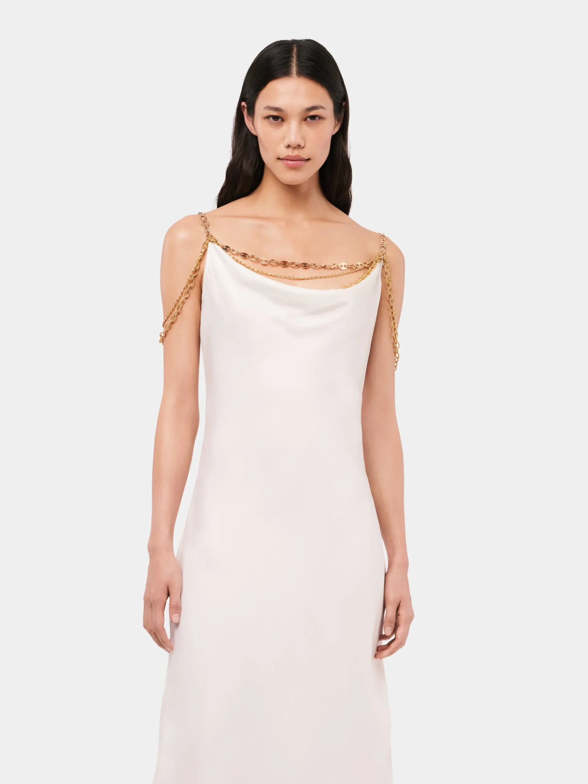 Light white dress embellished with "eight" signature chain | Rabanne Flash Sale
