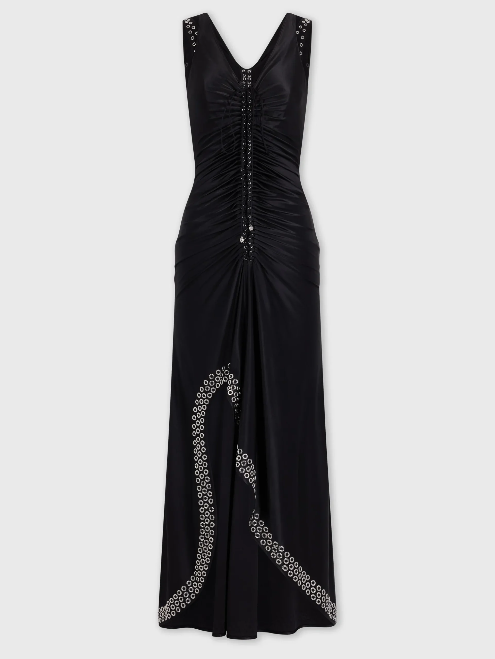 Long black dress with embroidered metallic eyelets | Rabanne Discount