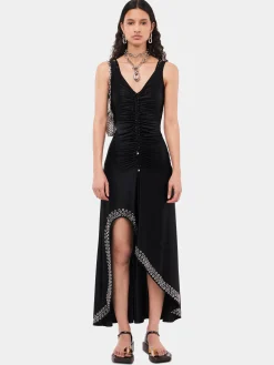 Long black dress with embroidered metallic eyelets | Rabanne Discount