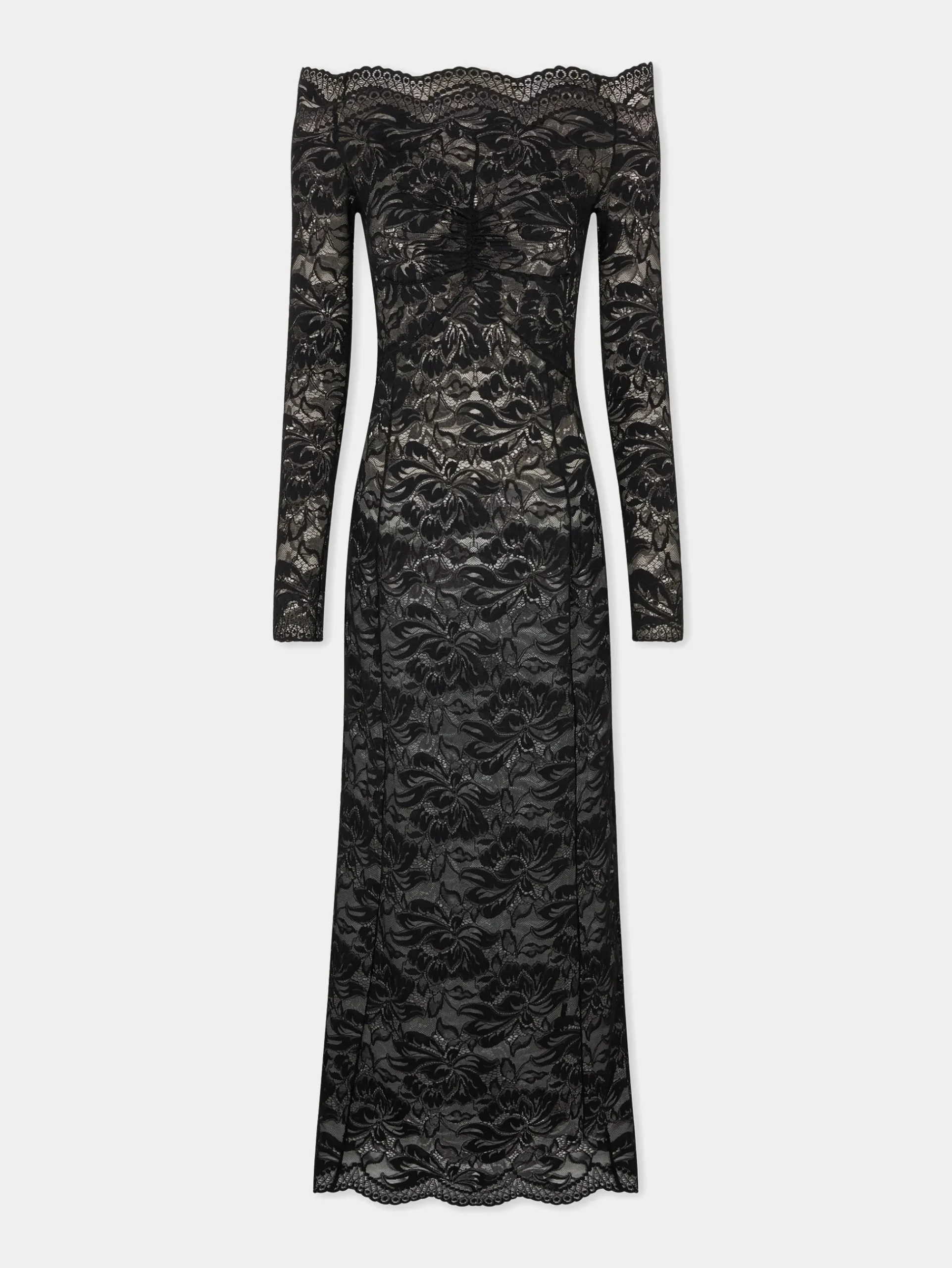 Long Black lace dress with bardot collar | Rabanne Store