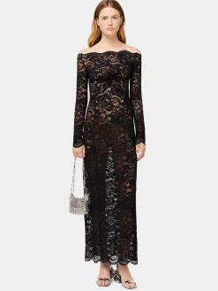 Long Black lace dress with bardot collar | Rabanne Store