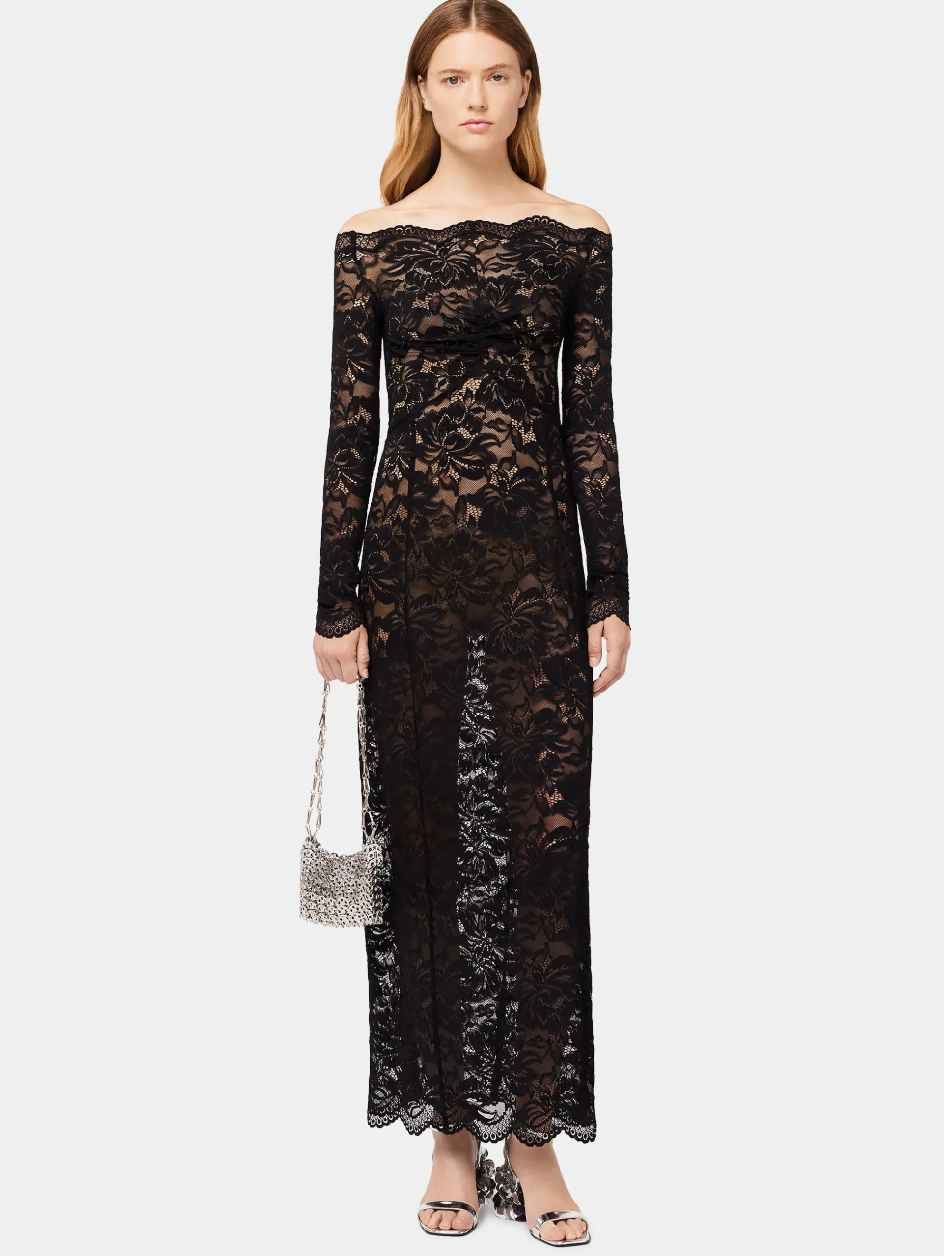 Long Black lace dress with bardot collar | Rabanne Store