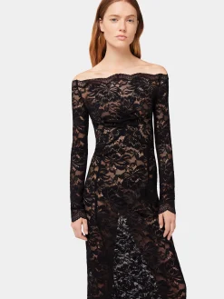 Long Black lace dress with bardot collar | Rabanne Store