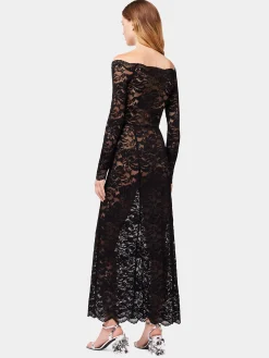 Long Black lace dress with bardot collar | Rabanne Store