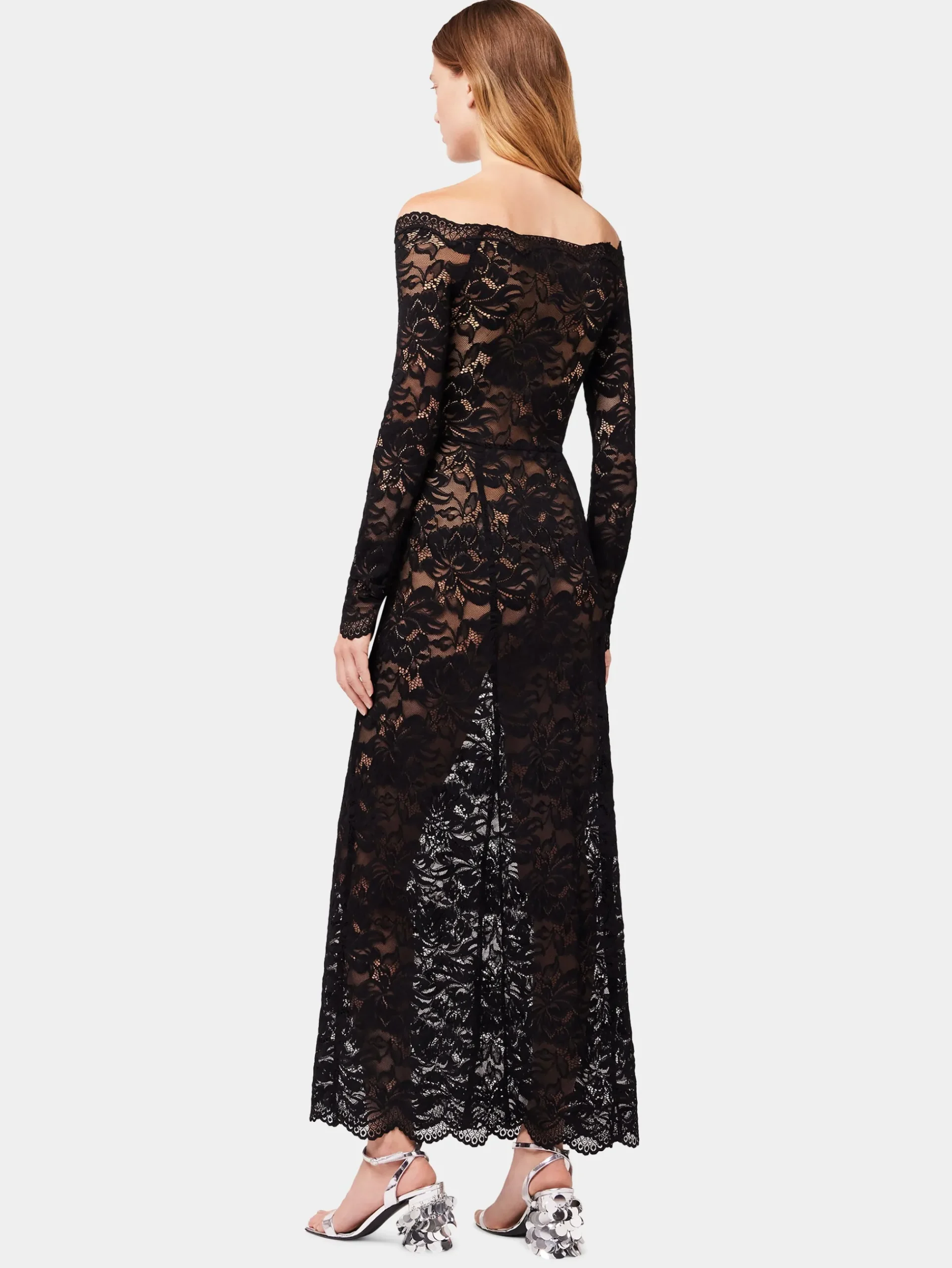 Long Black lace dress with bardot collar | Rabanne Store