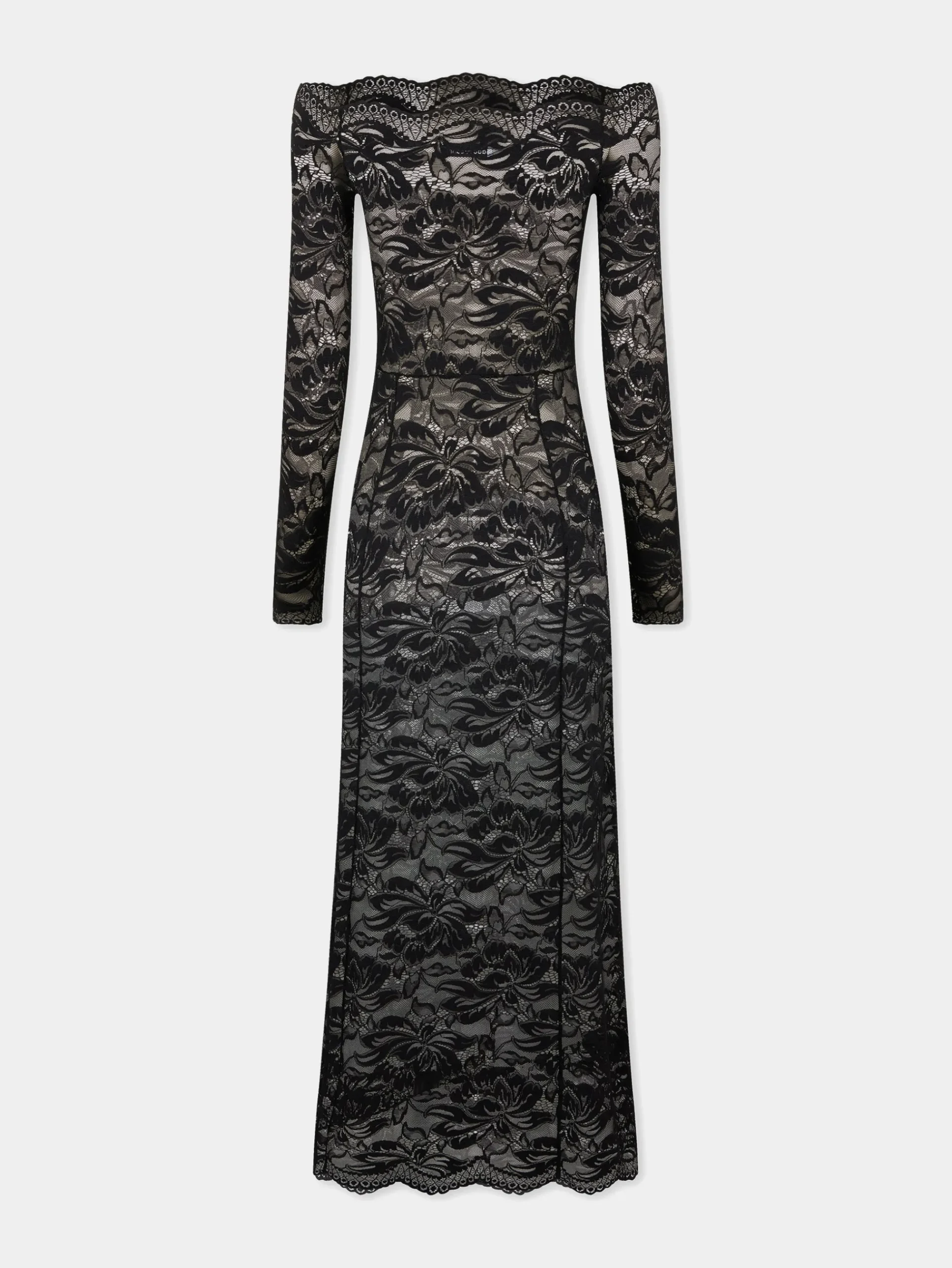 Long Black lace dress with bardot collar | Rabanne Store