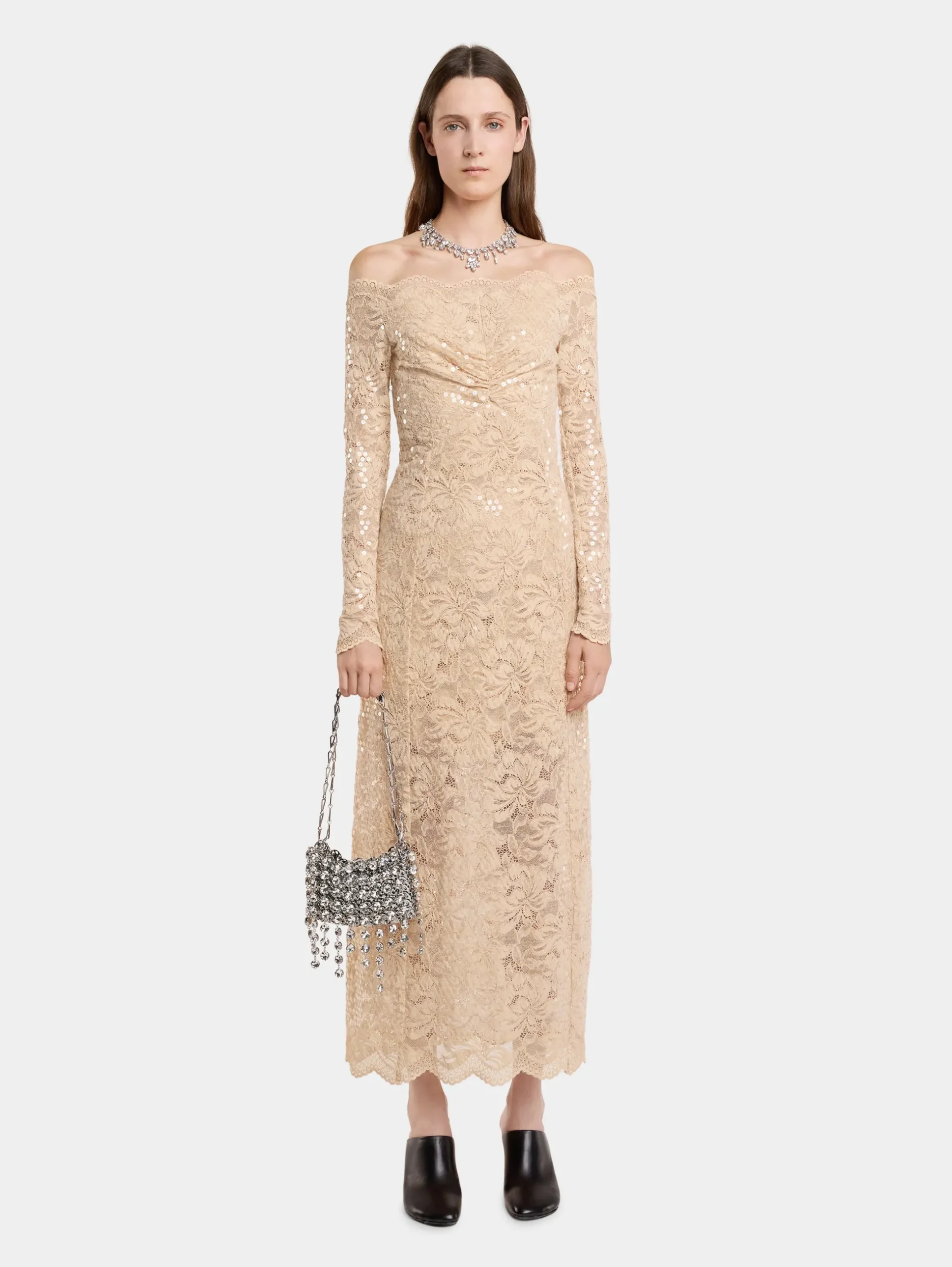 LONG DRESS IN SEQUIN-EMBROIDERED LACE | Rabanne Store