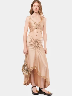 Long raffia colored skirt with embroidered metallic eyelets | Rabanne Sale