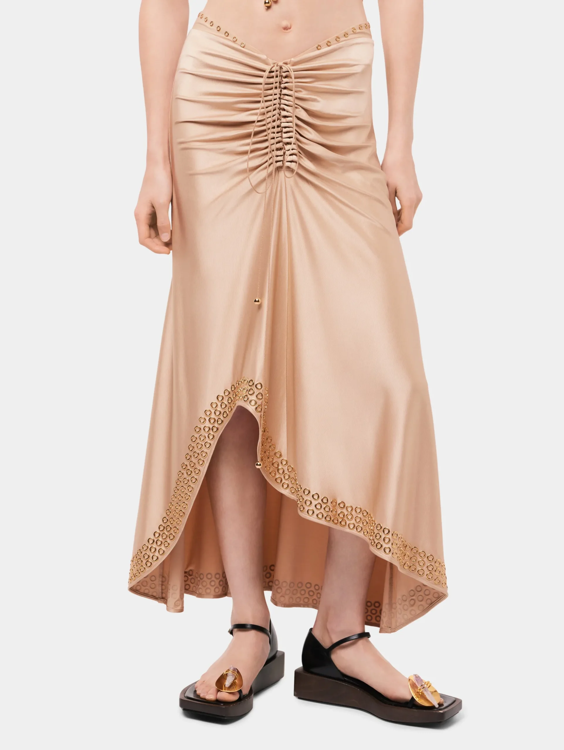 Long raffia colored skirt with embroidered metallic eyelets | Rabanne Sale