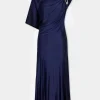 NAVY ASYMMETRICAL LONG DRESS IN JERSEY | Rabanne Best Sale