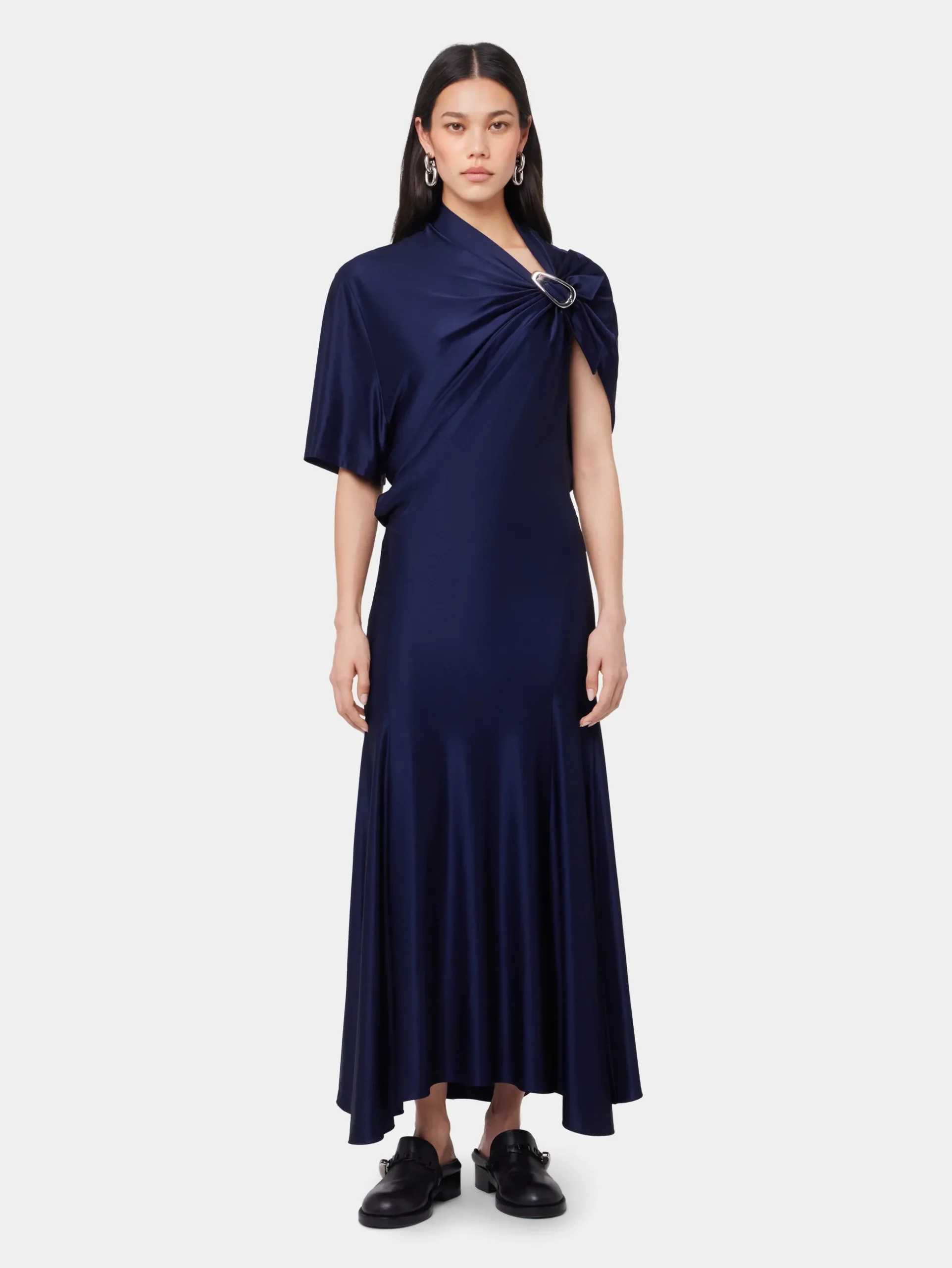 NAVY ASYMMETRICAL LONG DRESS IN JERSEY | Rabanne Best Sale