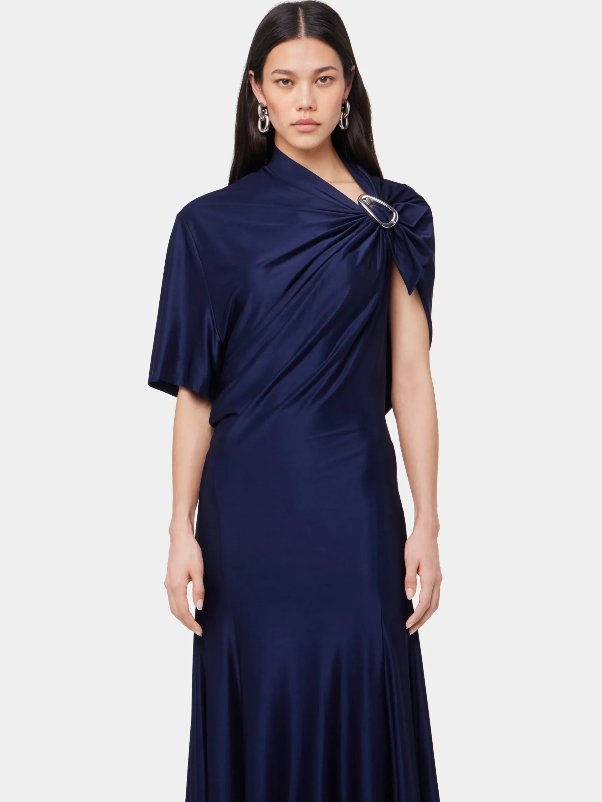 NAVY ASYMMETRICAL LONG DRESS IN JERSEY | Rabanne Best Sale