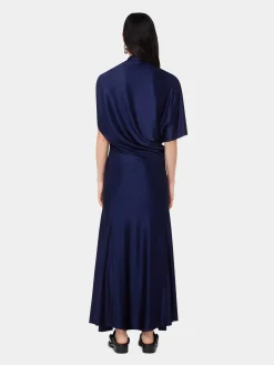NAVY ASYMMETRICAL LONG DRESS IN JERSEY | Rabanne Best Sale