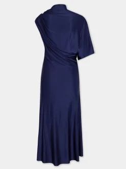 NAVY ASYMMETRICAL LONG DRESS IN JERSEY | Rabanne Best Sale
