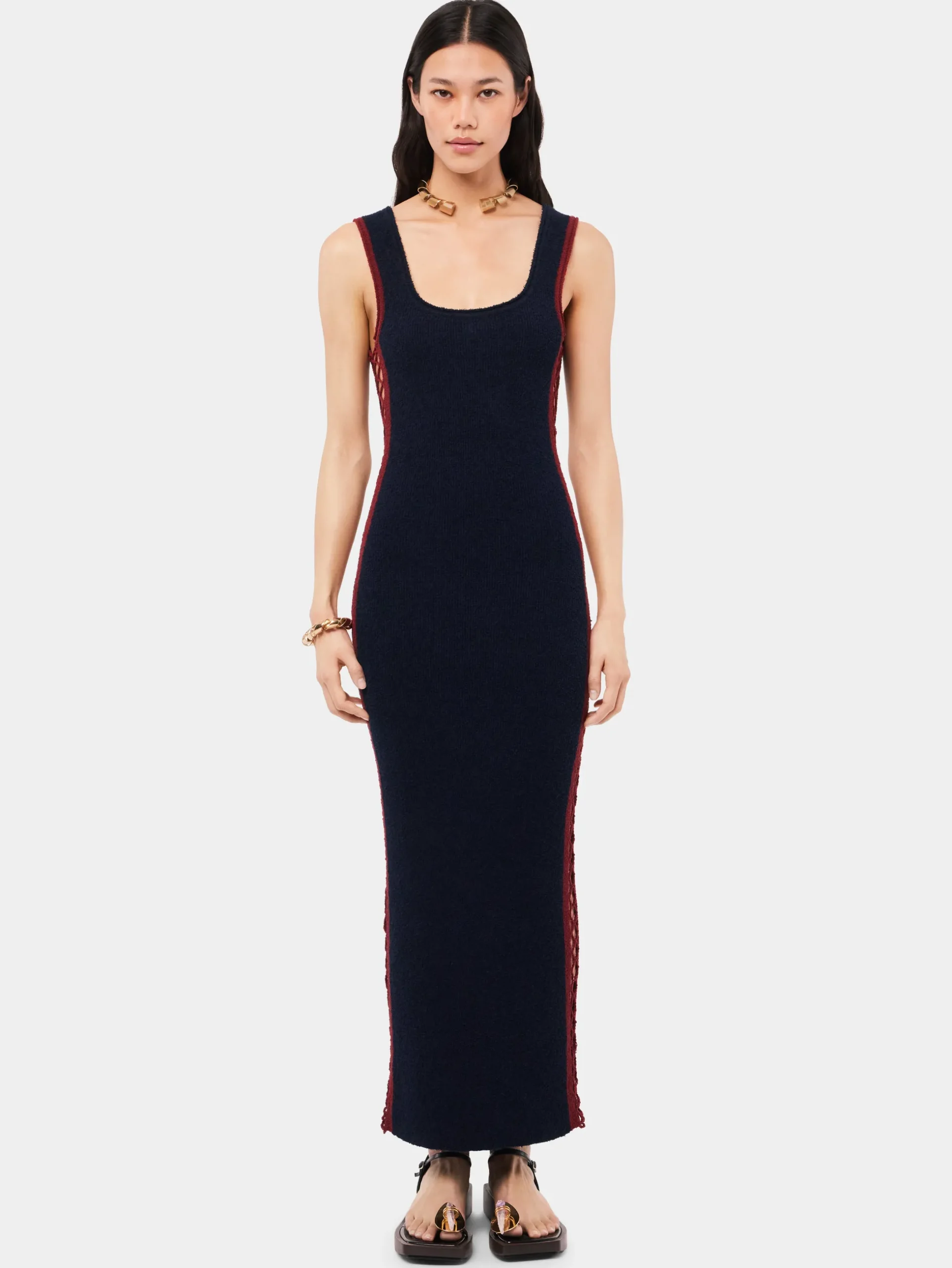 Navy eponge dress with crochet details | Rabanne New