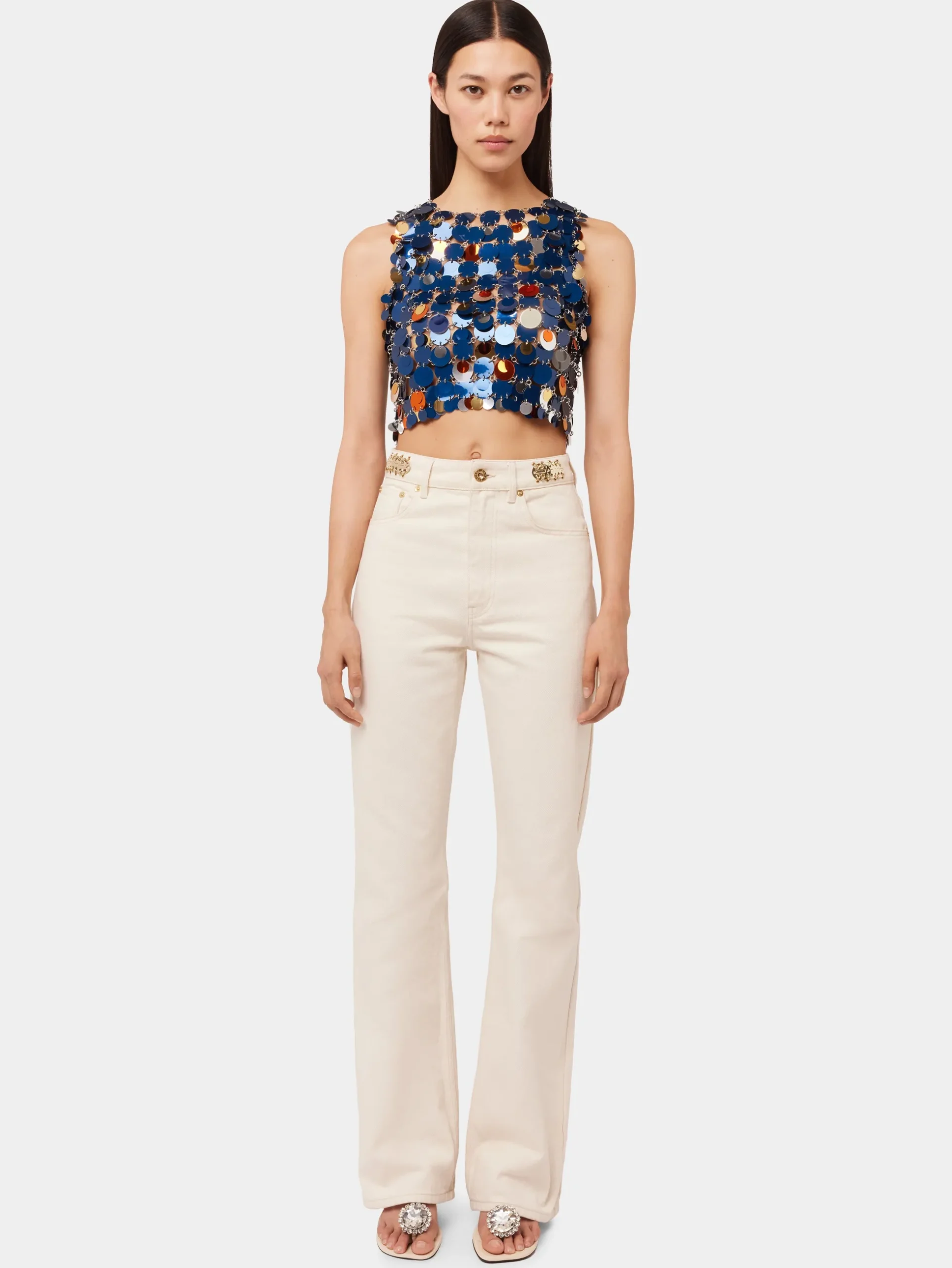 OFF WHITE DENIM FLARE JEANS WITH ASSEMBLY 1969 DISCS | Rabanne Store