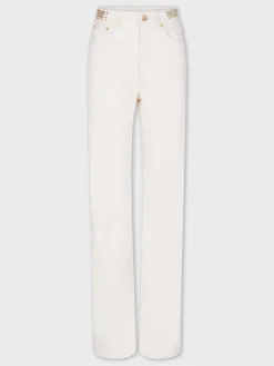 OFF WHITE DENIM FLARE JEANS WITH ASSEMBLY 1969 DISCS | Rabanne Store