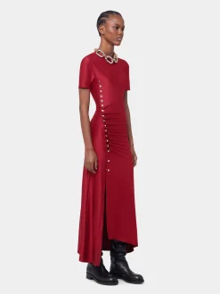 RED LONG DRAPED DRESS IN JERSEY | Rabanne Outlet