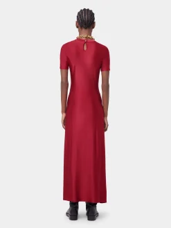 RED LONG DRAPED DRESS IN JERSEY | Rabanne Outlet