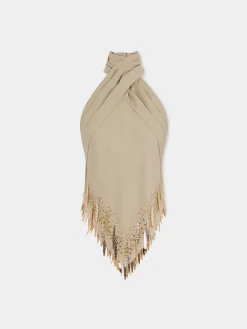 Sand colored top in wool embelished with metallic fringe details | Rabanne Store