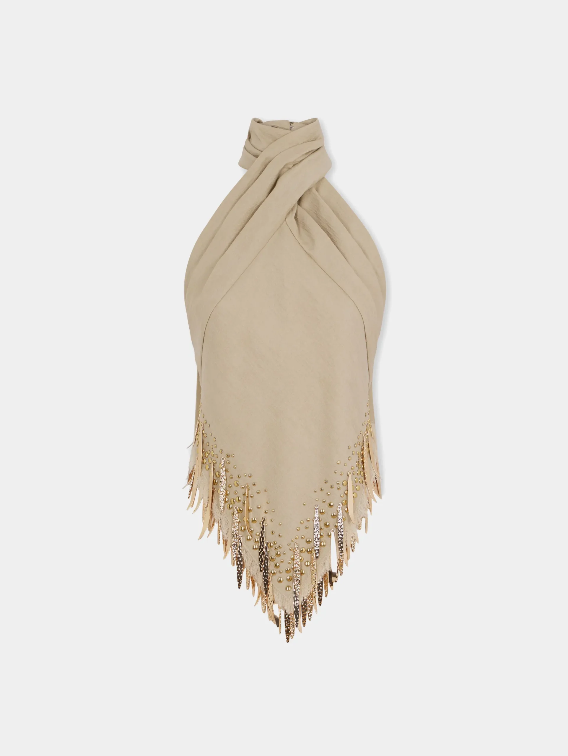 Sand colored top in wool embelished with metallic fringe details | Rabanne Store