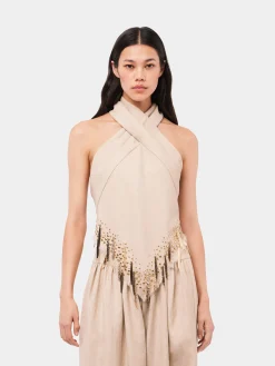 Sand colored top in wool embelished with metallic fringe details | Rabanne Store
